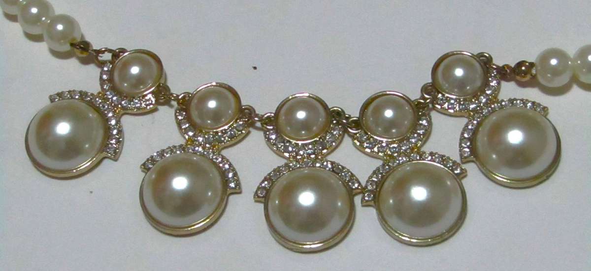 Vintage Gold-Tone Diamante and Faux Pearl Statement Bib Necklace