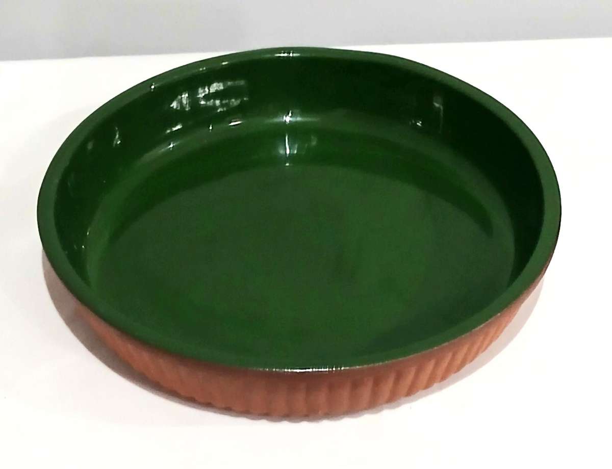Vintage Terracotta Pie Dish with Emerald Green Glaze | Unmarked | 25cm