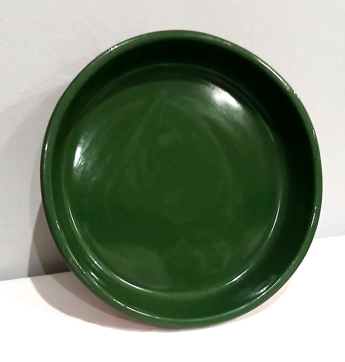 Vintage Terracotta Pie Dish with Emerald Green Glaze | Unmarked | 25cm