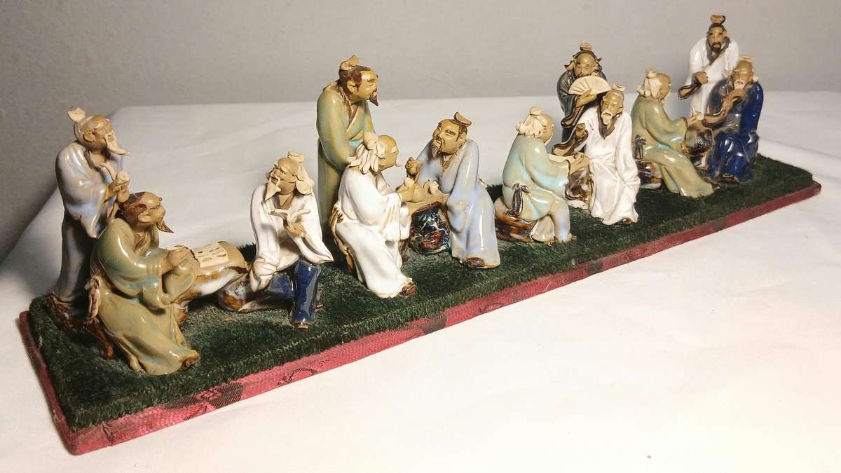 Rare Shiwan Eight Immortals Ceramic Set | 12-Figure Mid-Century Chinese Composition | Scholar Theme