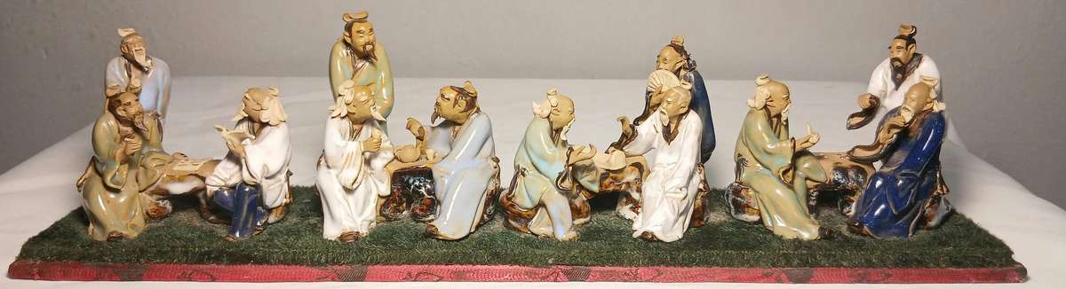 Rare Shiwan Eight Immortals Ceramic Set | 12-Figure Mid-Century Chinese Composition | Scholar Theme