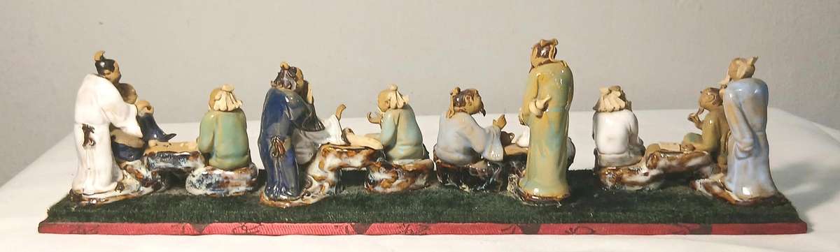 Rare Shiwan Eight Immortals Ceramic Set | 12-Figure Mid-Century Chinese Composition | Scholar Theme