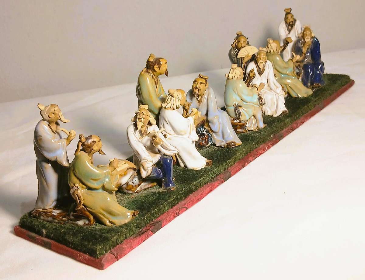 Rare Shiwan Eight Immortals Ceramic Set | 12-Figure Mid-Century Chinese Composition | Scholar Theme