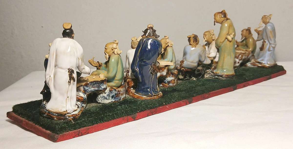 Rare Shiwan Eight Immortals Ceramic Set | 12-Figure Mid-Century Chinese Composition | Scholar Theme