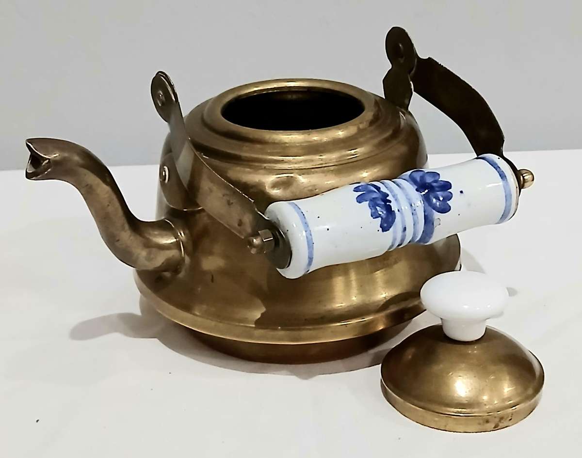 Vintage Brass Kettle | Delft-Style Ceramic Handle | Most Likely Made in Thailand for Export