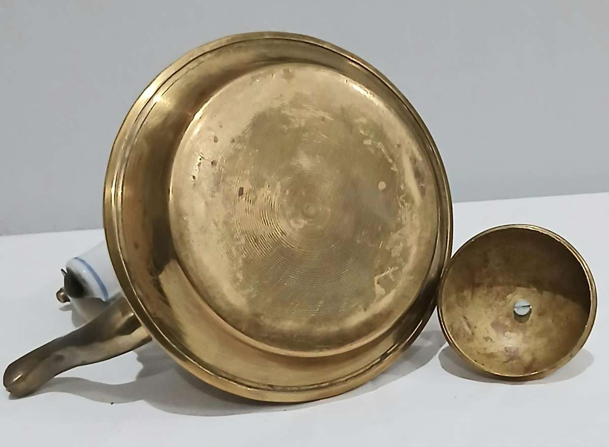 Vintage Brass Kettle | Delft-Style Ceramic Handle | Most Likely Made in Thailand for Export