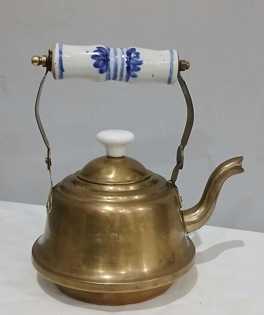 Vintage Brass Kettle | Delft-Style Ceramic Handle | Most Likely Made in Thailand for Export