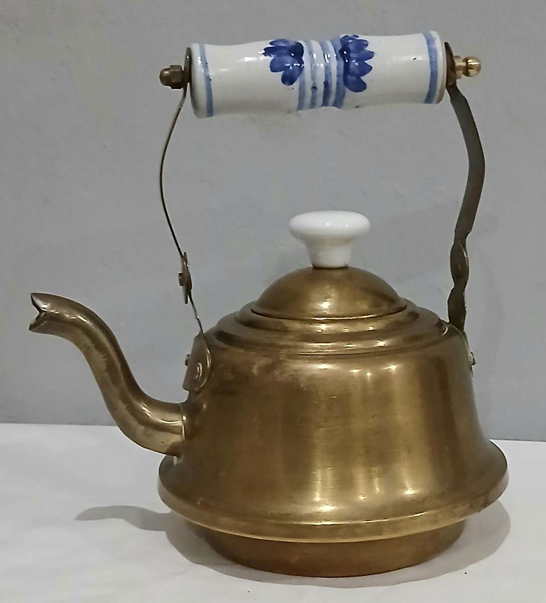 Vintage Brass Kettle | Delft-Style Ceramic Handle | Most Likely Made in Thailand for Export
