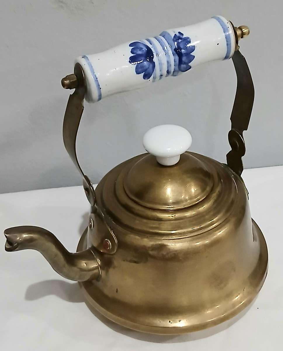 Vintage Brass Kettle | Delft-Style Ceramic Handle | Most Likely Made in Thailand for Export