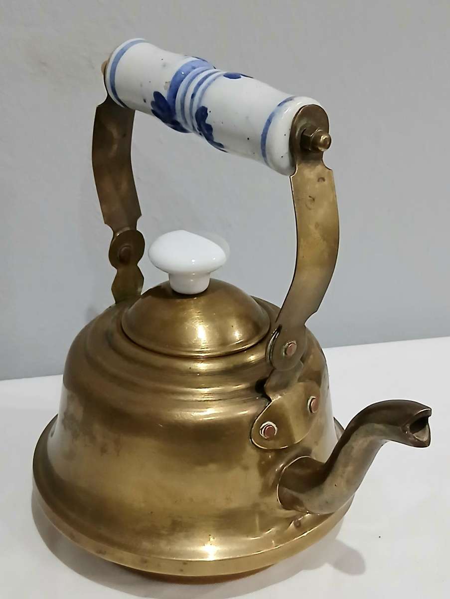 Vintage Brass Kettle | Delft-Style Ceramic Handle | Most Likely Made in Thailand for Export
