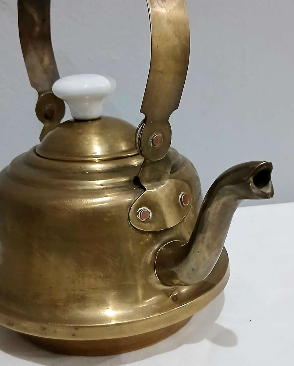 Vintage Brass Kettle | Delft-Style Ceramic Handle | Most Likely Made in Thailand for Export