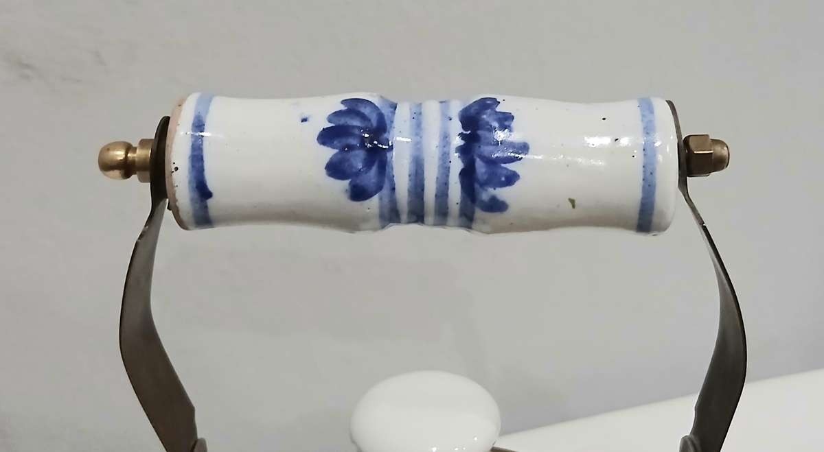 Vintage Brass Kettle | Delft-Style Ceramic Handle | Most Likely Made in Thailand for Export