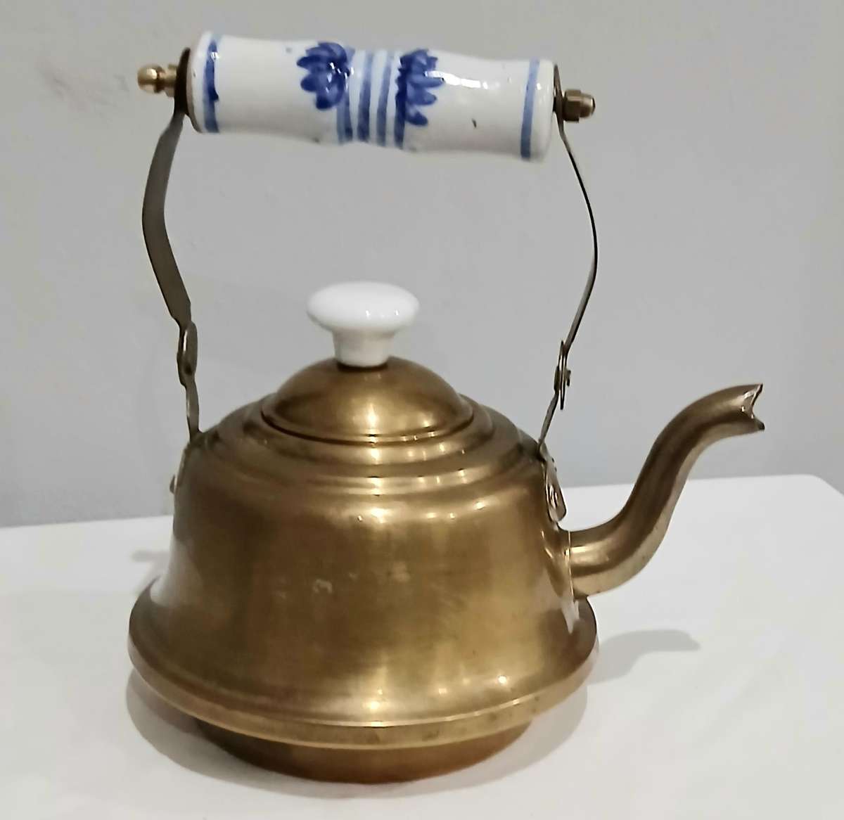 Vintage Brass Kettle | Delft-Style Ceramic Handle | Most Likely Made in Thailand for Export