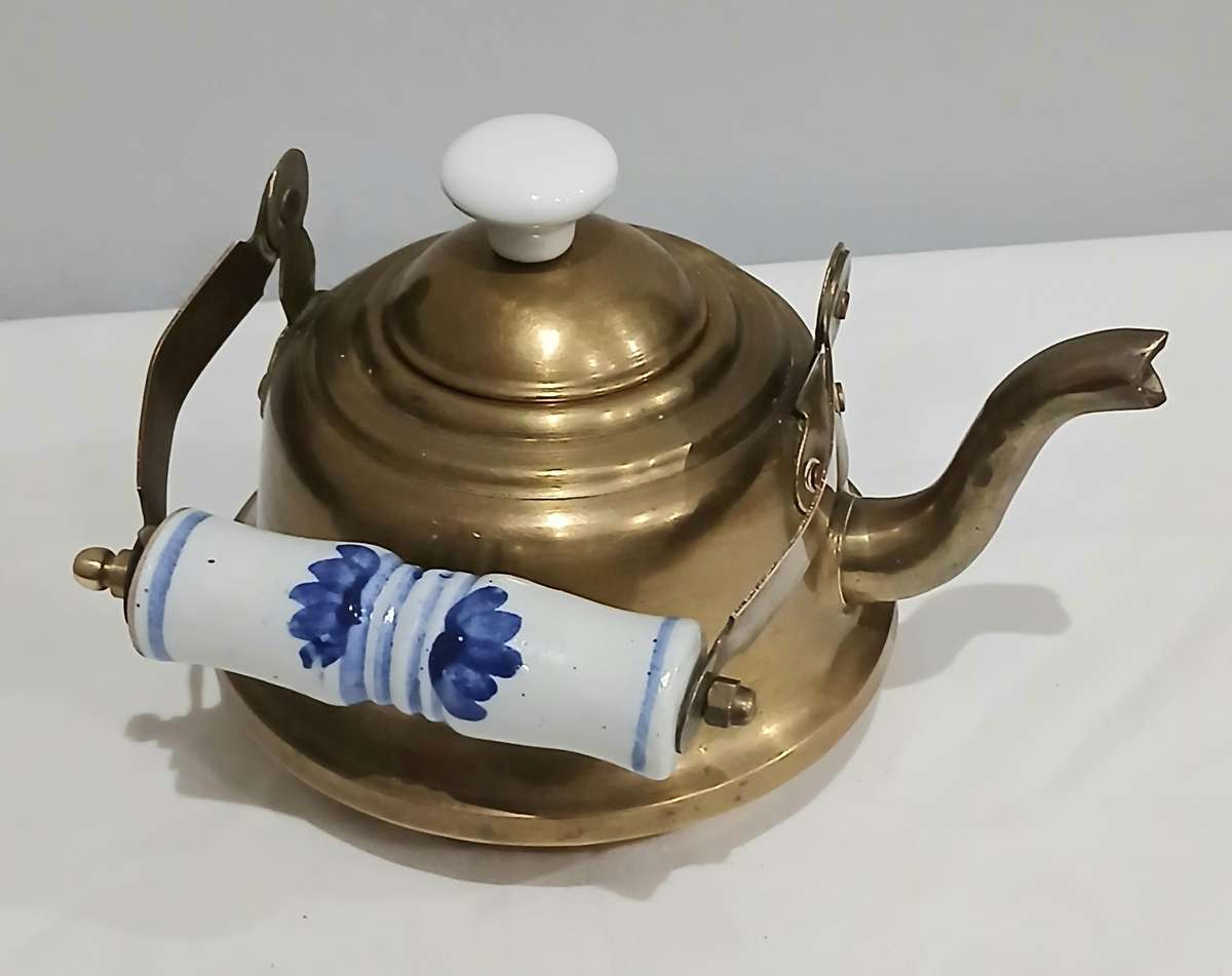 Vintage Brass Kettle | Delft-Style Ceramic Handle | Most Likely Made in Thailand for Export