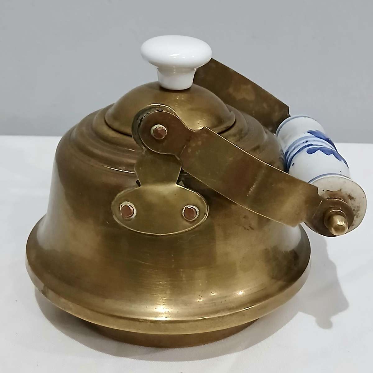 Vintage Brass Kettle | Delft-Style Ceramic Handle | Most Likely Made in Thailand for Export