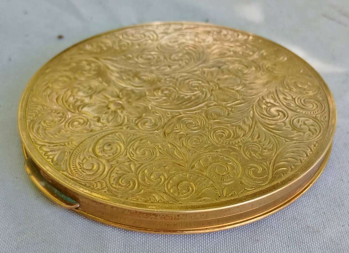 Vintage 1950s Etched & Machine-Tooled Mirrored Powder Compact | Art Nouveau Inspired
