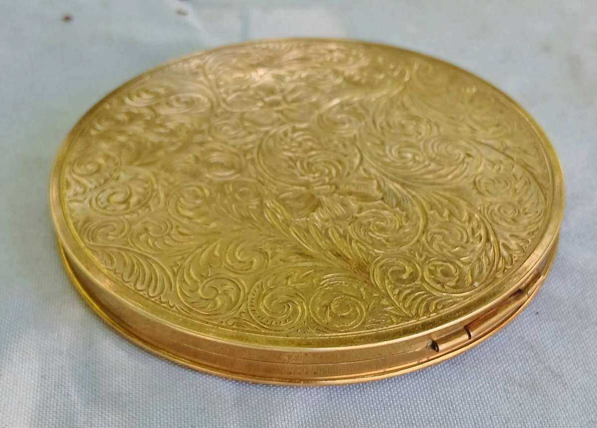 Vintage 1950s Etched & Machine-Tooled Mirrored Powder Compact | Art Nouveau Inspired