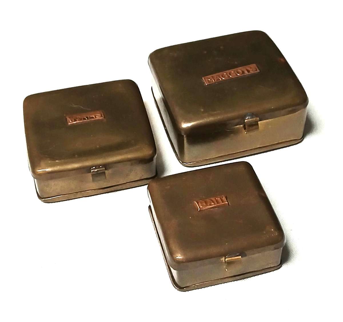 Vintage Brass Bait Tin Set with Copper Labels | Maggots, Worms & General Bait Boxes