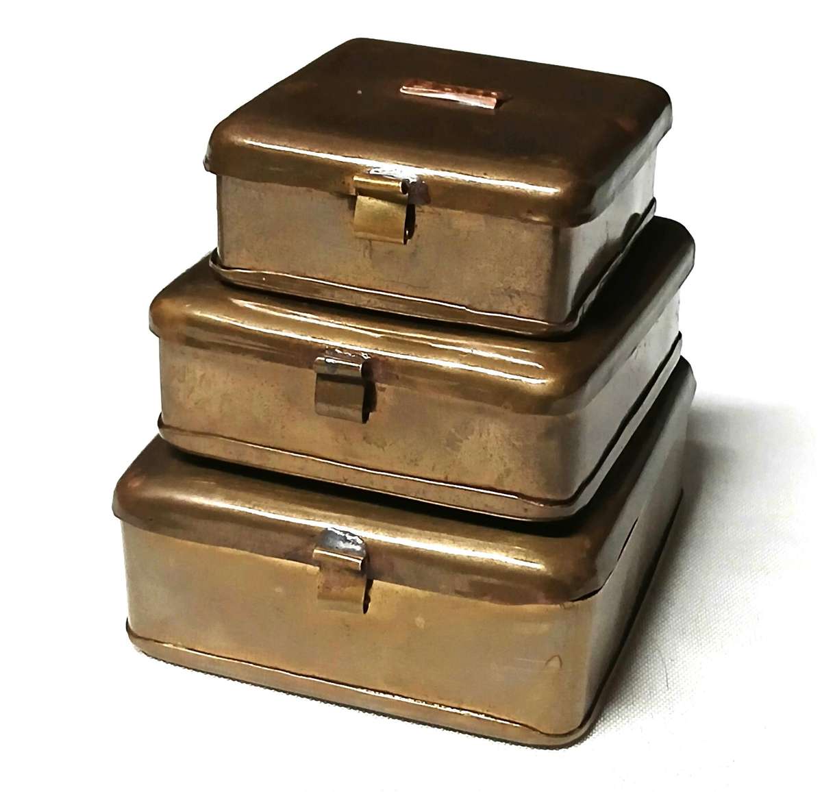 Vintage Brass Bait Tin Set with Copper Labels | Maggots, Worms & General Bait Boxes