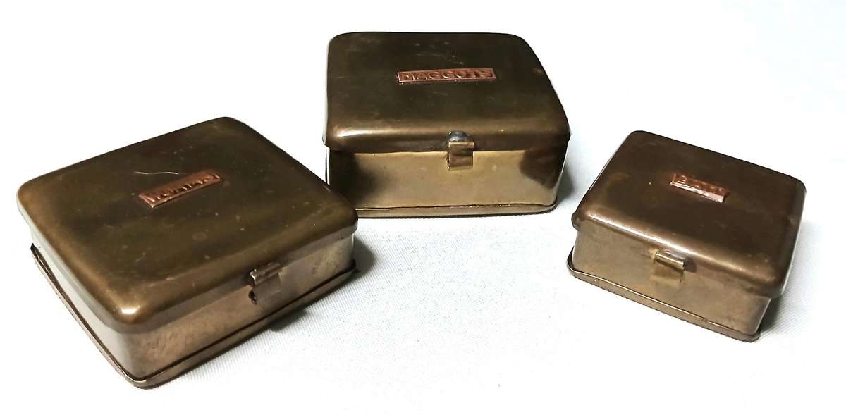 Vintage Brass Bait Tin Set with Copper Labels | Maggots, Worms & General Bait Boxes