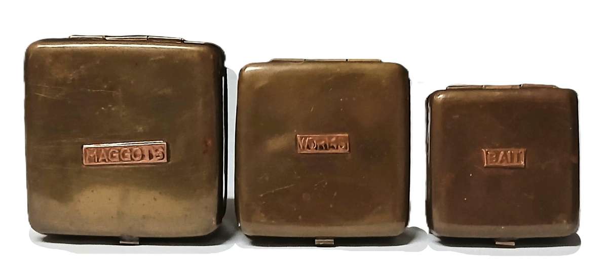 Vintage Brass Bait Tin Set with Copper Labels | Maggots, Worms & General Bait Boxes
