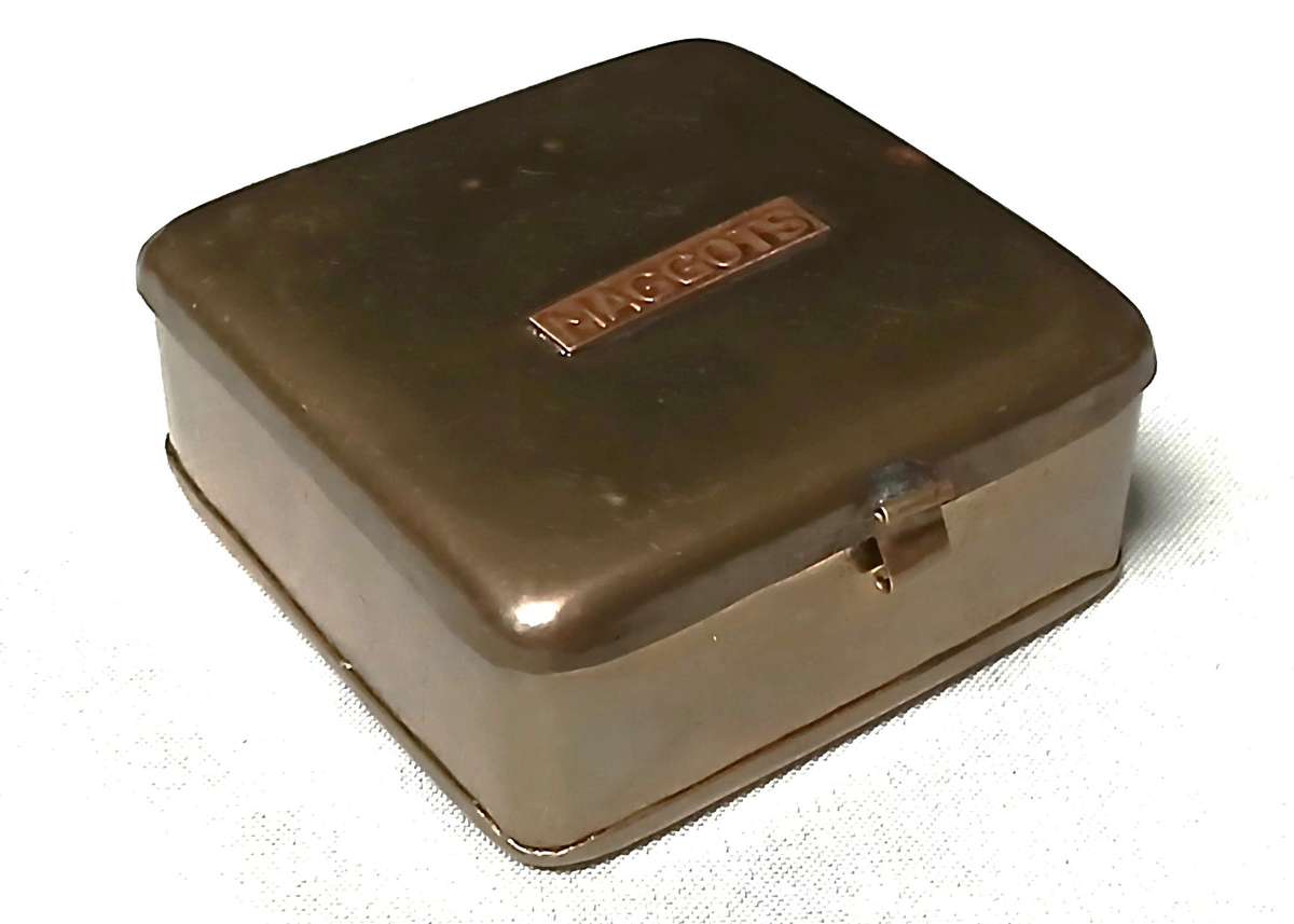 Vintage Brass Bait Tin Set with Copper Labels | Maggots, Worms & General Bait Boxes
