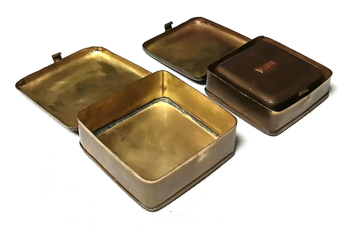 Vintage Brass Bait Tin Set with Copper Labels | Maggots, Worms & General Bait Boxes