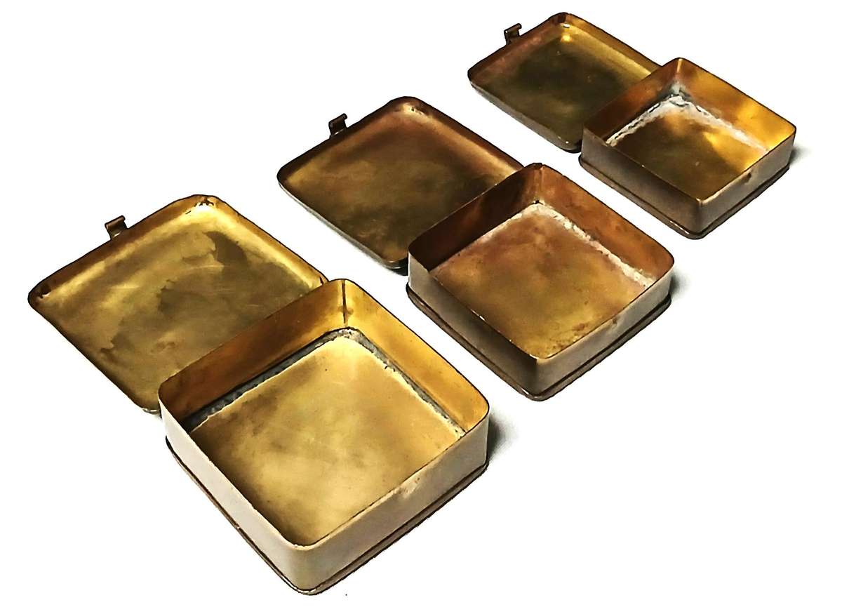 Vintage Brass Bait Tin Set with Copper Labels | Maggots, Worms & General Bait Boxes