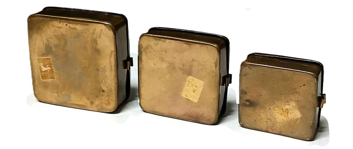 Vintage Brass Bait Tin Set with Copper Labels | Maggots, Worms & General Bait Boxes