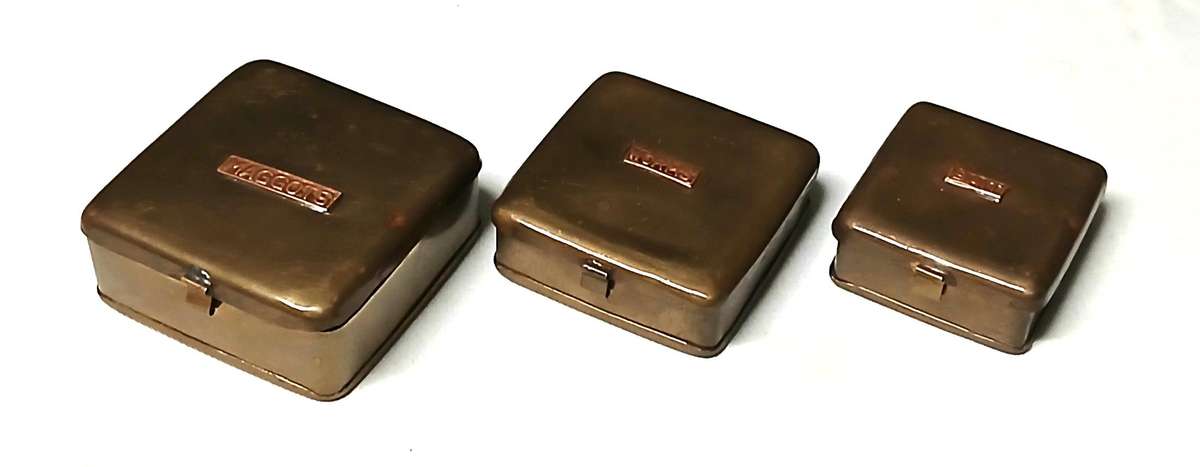 Vintage Brass Bait Tin Set with Copper Labels | Maggots, Worms & General Bait Boxes