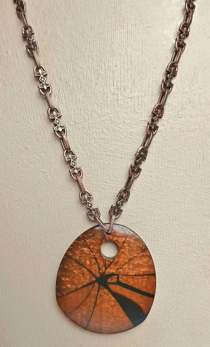 Vintage Victorian Revival Necklace | Faux Tortoiseshell Pendant on Rose Gold Tone Fancy Link Chain