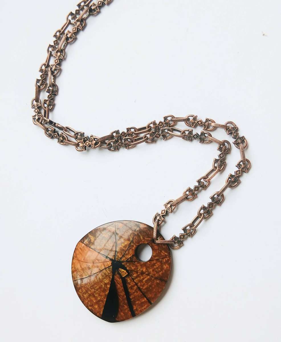 Vintage Victorian Revival Necklace | Faux Tortoiseshell Pendant on Rose Gold Tone Fancy Link Chain