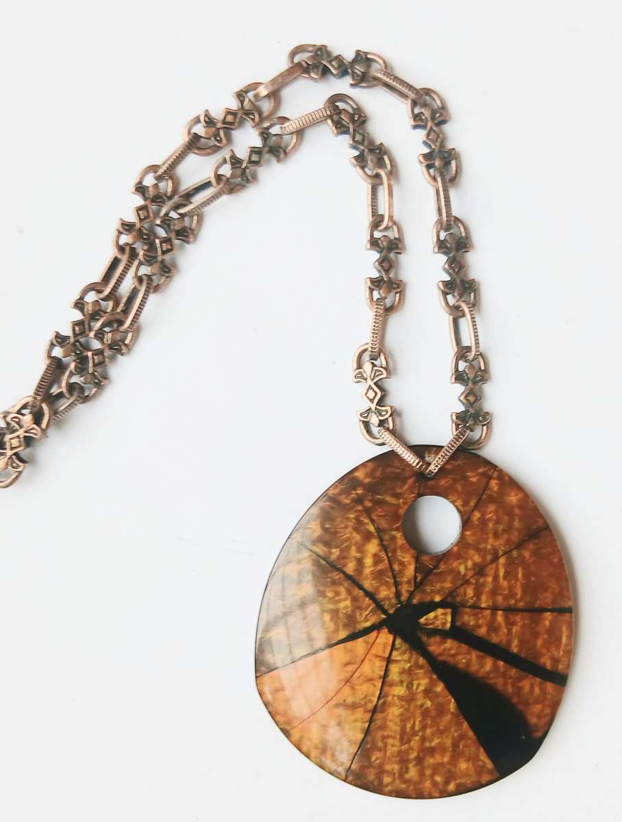 Vintage Victorian Revival Necklace | Faux Tortoiseshell Pendant on Rose Gold Tone Fancy Link Chain