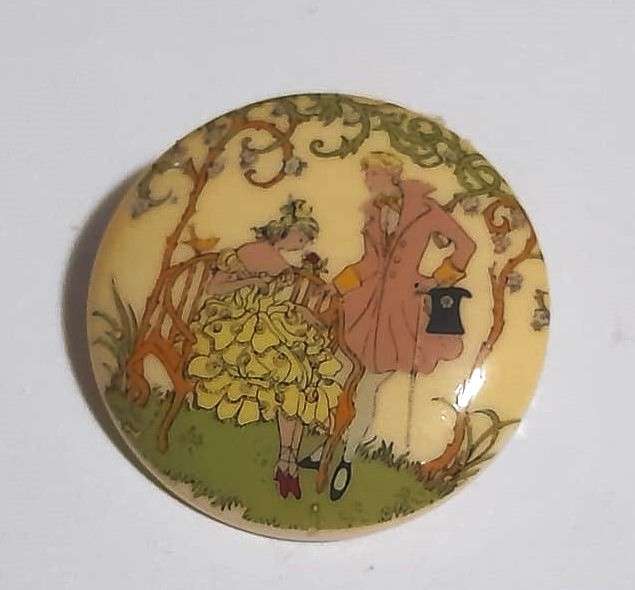 Vintage Romantic Garden Scene Brooch, Early Plastic (Bakelite or Lucite), Transfer Print Brooch Pin