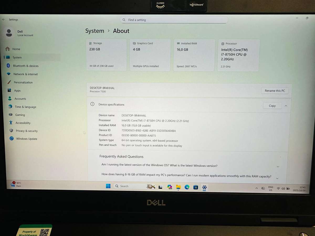 8TH GEN I7, 16GB RAM, 256GB SSD, NVIDIA QUADRO P1000 4K DELL PRECISION 7530 MOBILE WORKSATION