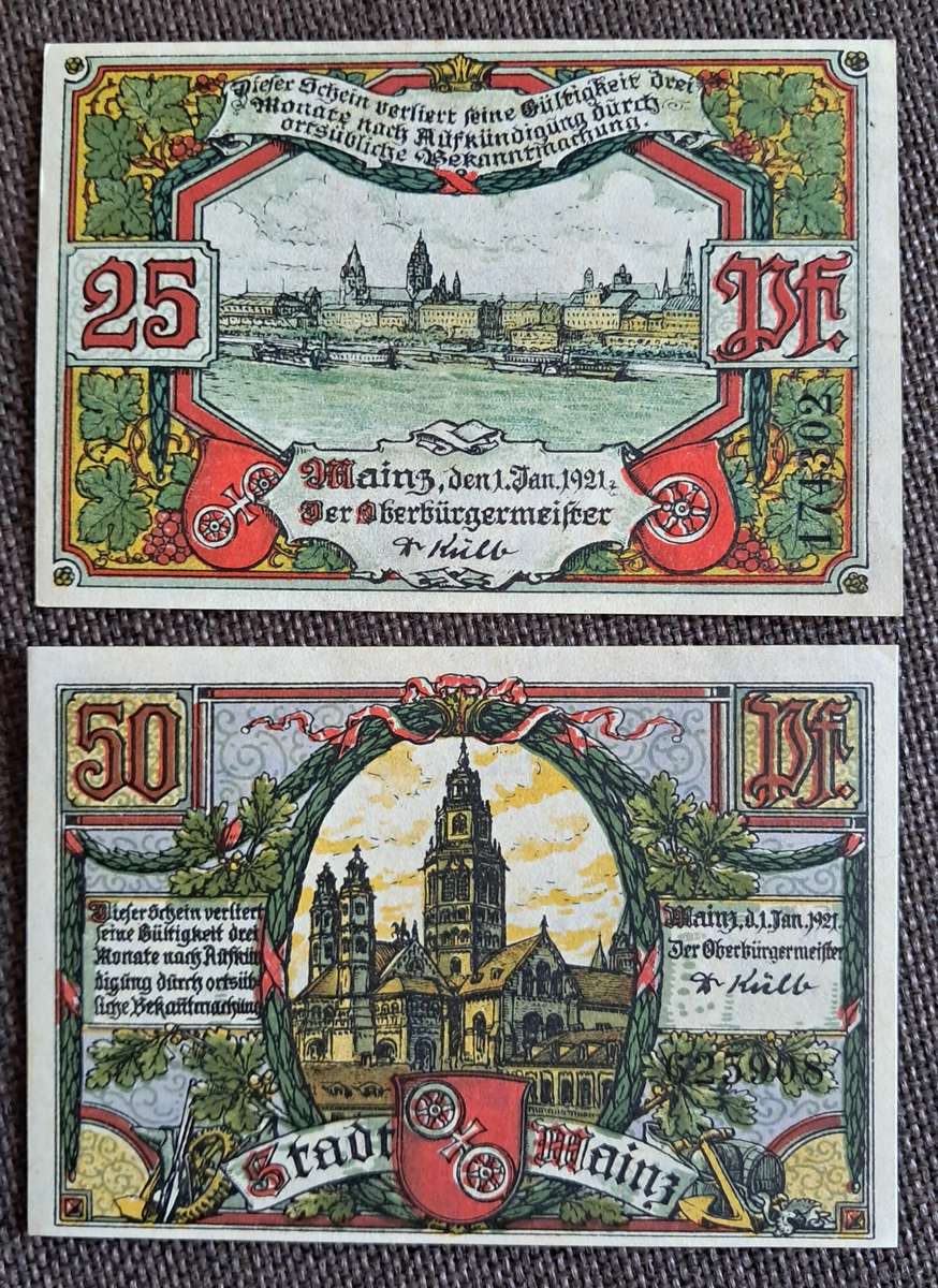 1921 GERMANY : 25 & 50 PFENNIG STADT MAINZ PAIR