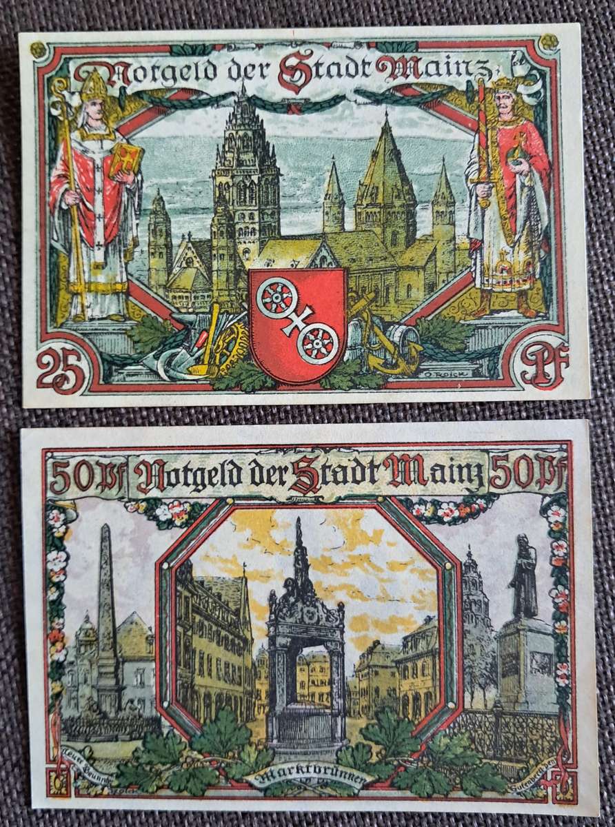 1921 GERMANY : 25 & 50 PFENNIG STADT MAINZ PAIR