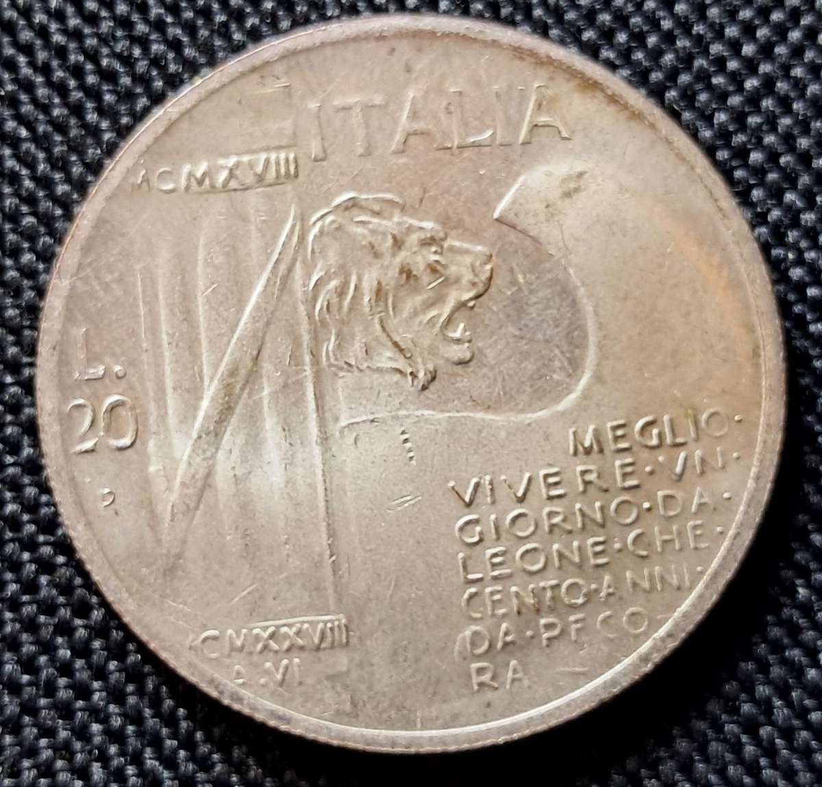 1943 ITALY :  BENITO MUSSOLINI  : 20 LIRE FANTASY COIN : SILVER PLATED