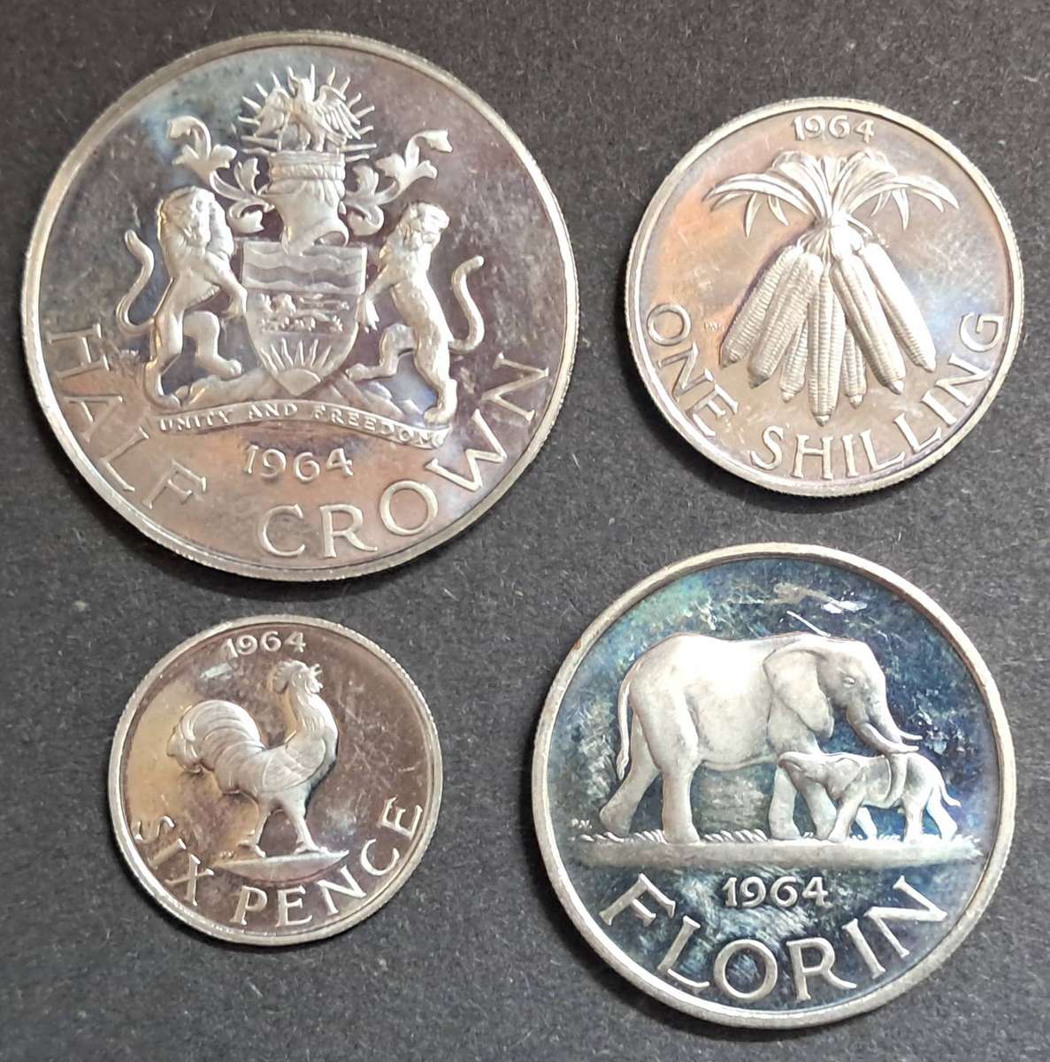 4 X MALAWI PROOF SET : HALF CROWN , FLORIN , SHILLING & SIXPENCE