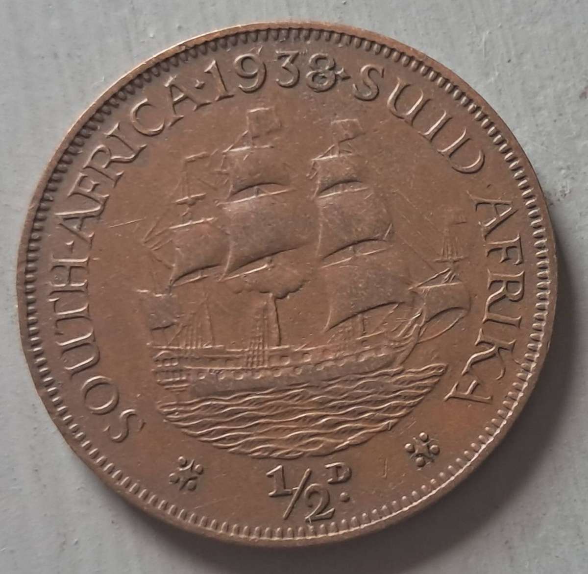 1938 UNION OF SOUTH AFRICA : 1/2  PENNY
