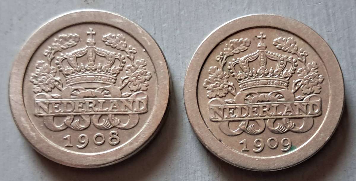 1908 $ 1909 NETHERLANDS 5 CENT PAIR