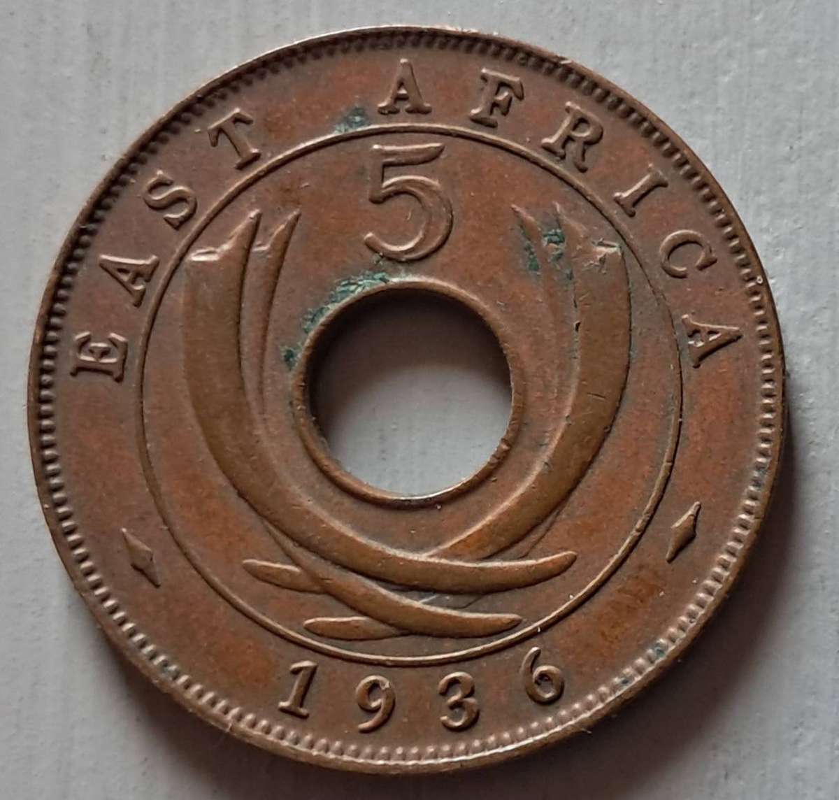 1936 BRITISH EAST AFRICA 5 CENT : KN MINTMARK
