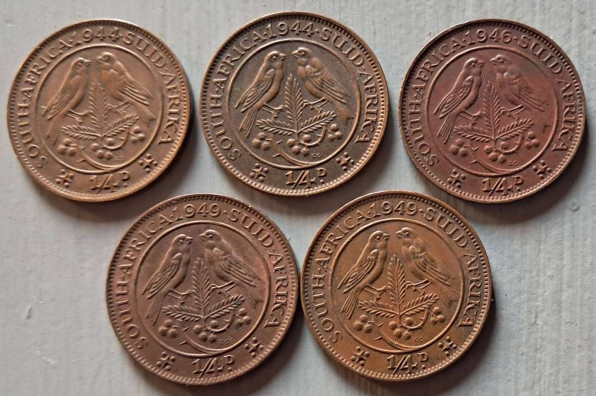 5 X UNION OF SOUTH AFRICA 1/4 PENNY COLLECTION