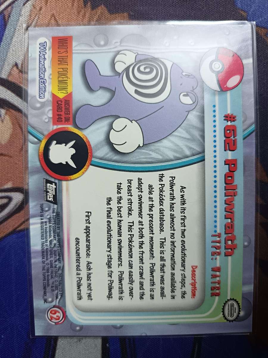 Pokemon Trading Card Game - Poliwrath #62 Pokemon 1999 Topps TV - Vintage