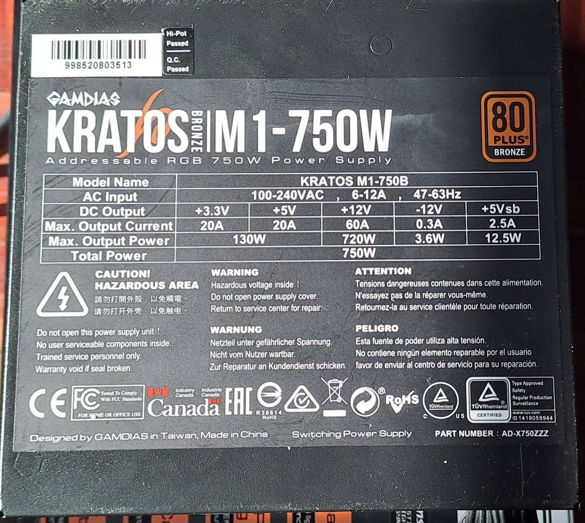 750W PSU Gamdias KRATOS M1-750B RGB 750W Power Supply