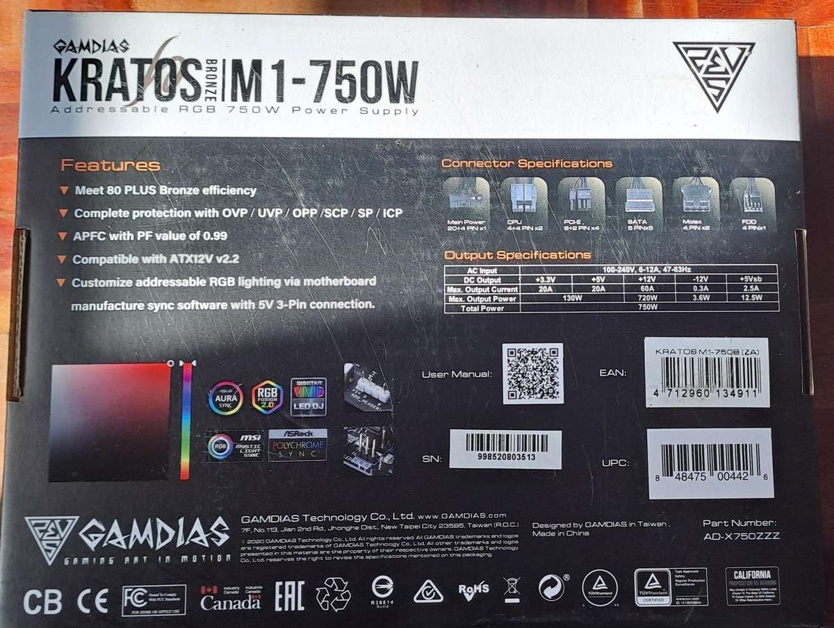 750W PSU Gamdias KRATOS M1-750B RGB 750W Power Supply