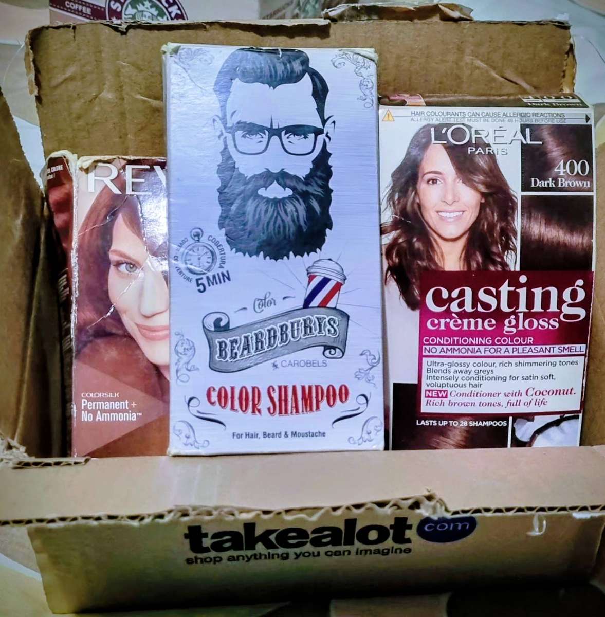 3 HAIR DYES DARK AUBURN, BLACK AND DARK BROWN, LOREAL, REVLON, BEARDBURYS