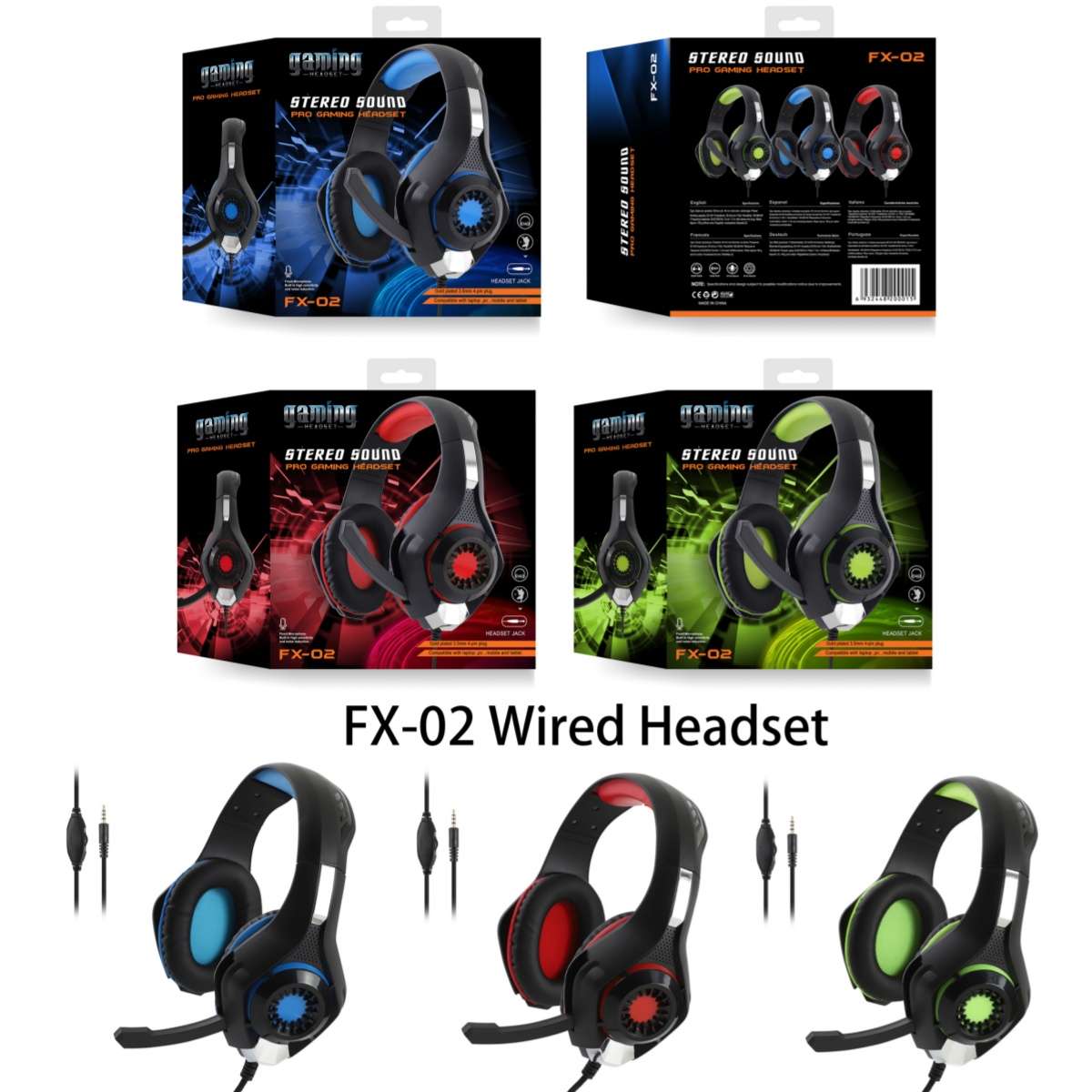 FX-02 Gaming Headset  -stereo sound - (PC/XBOX/PS4)- Green, Blue, Red