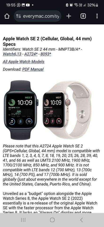 Apple watch se 2nd gen- model s2724 - gps plus cellular 44mm - midnight  with sport band - Large