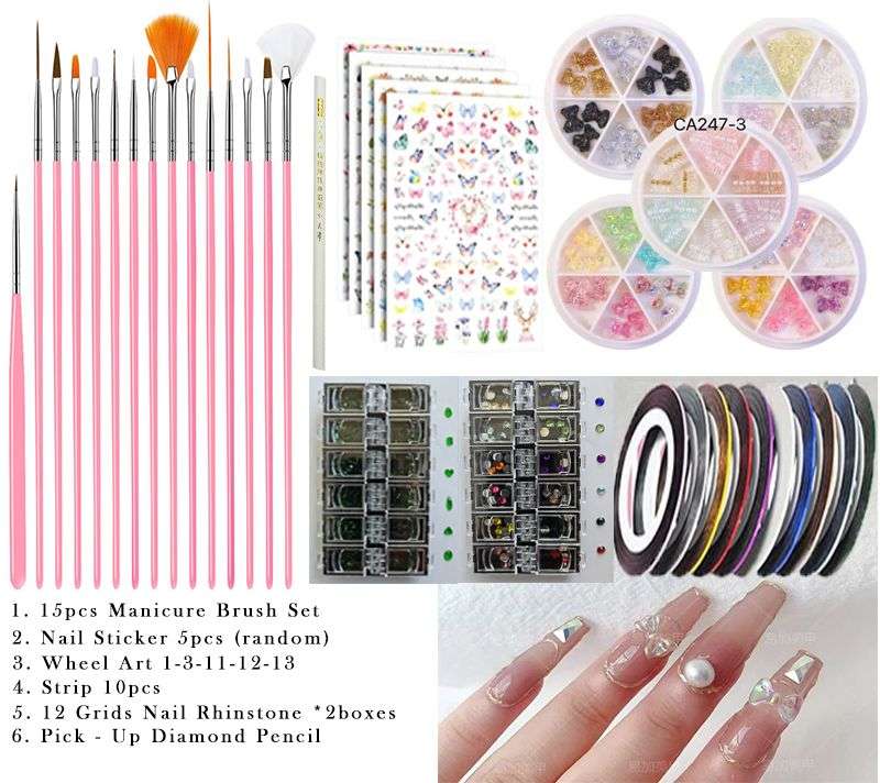 Nail Art Kit, Nail Art Tools with Nail Art Brushes, Nail Design Kit, Nail Stickers, Nail Rhinestones